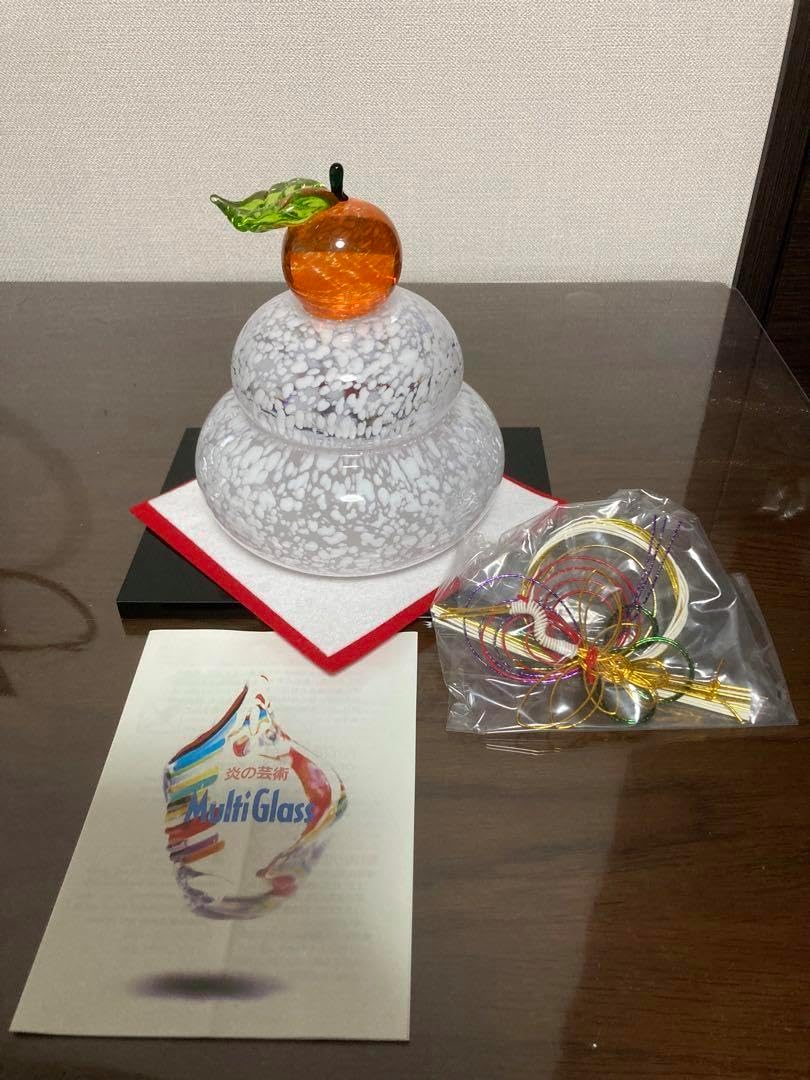 ガラス製 鏡餅 二段重ね オレンジ付き（大） おしゃれ 鏡餅 ガラス